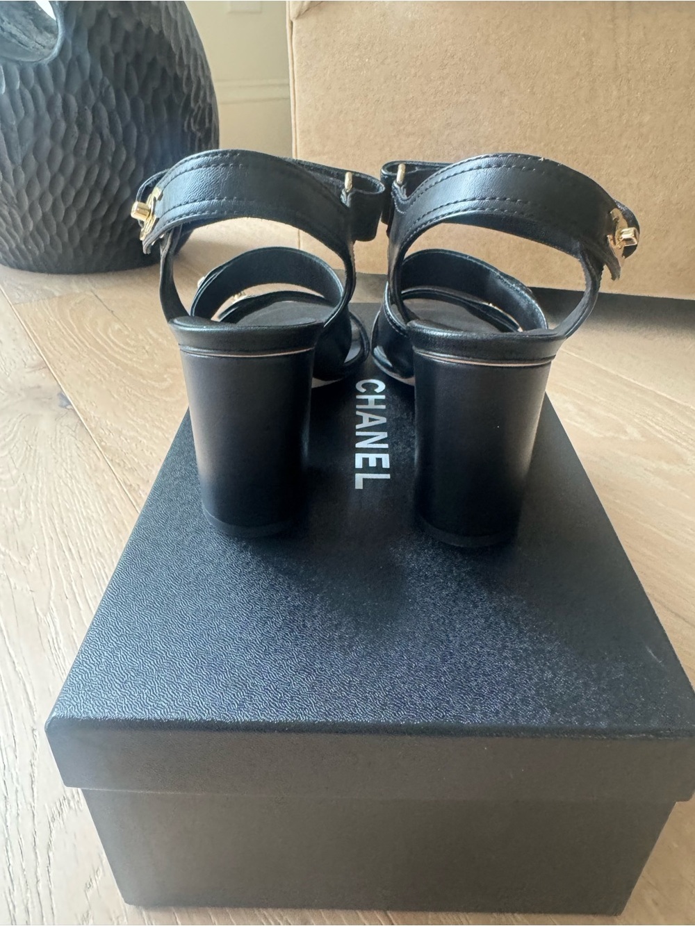 CHANEL Black Leather Block Heel Sandals with Gold CC Logos - Picture 6 of 8